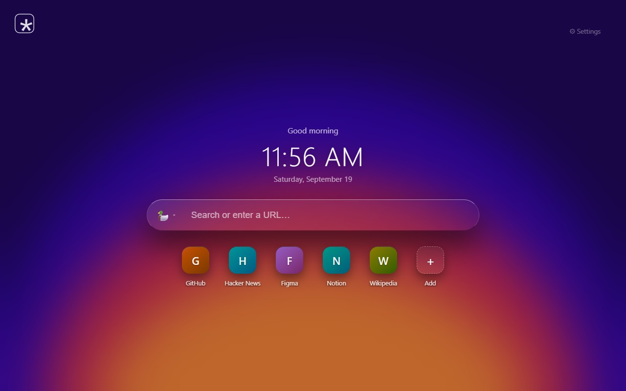 cust*m Tab Dashboard mit Uhr, Suchleiste und Lesezeichen auf violettem Verlauf